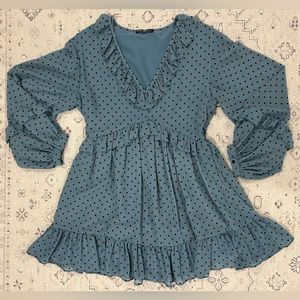 Zara Blue And Black Polka Dot Puff Sleeve Mini Dress With Ruffle Details- Small